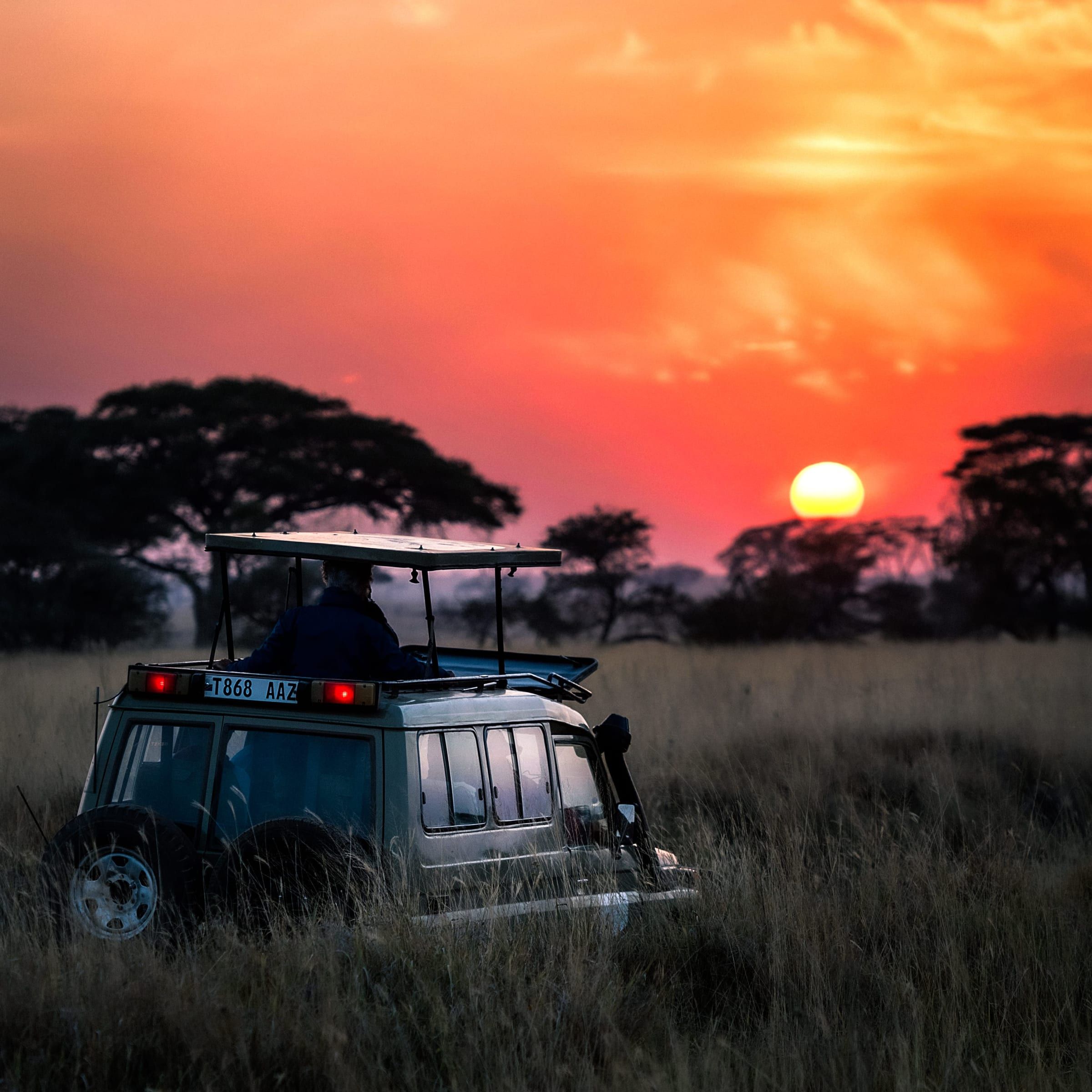 Editorial photograph — a safari vehicle silhouetted at dusk